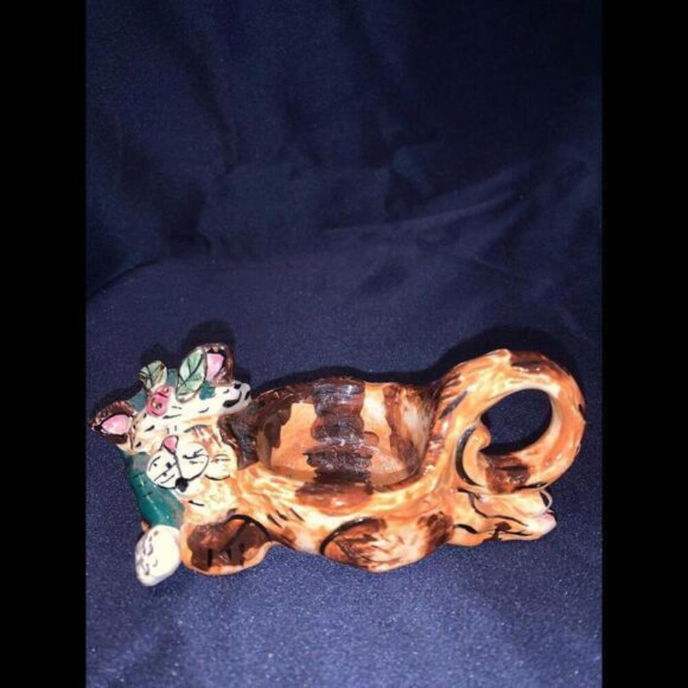 2001 BLUE SKY BY HEATHER GOLDMINC~ CHRISTMAS CAT TEA LIGHT HOLDER~ RETIRED